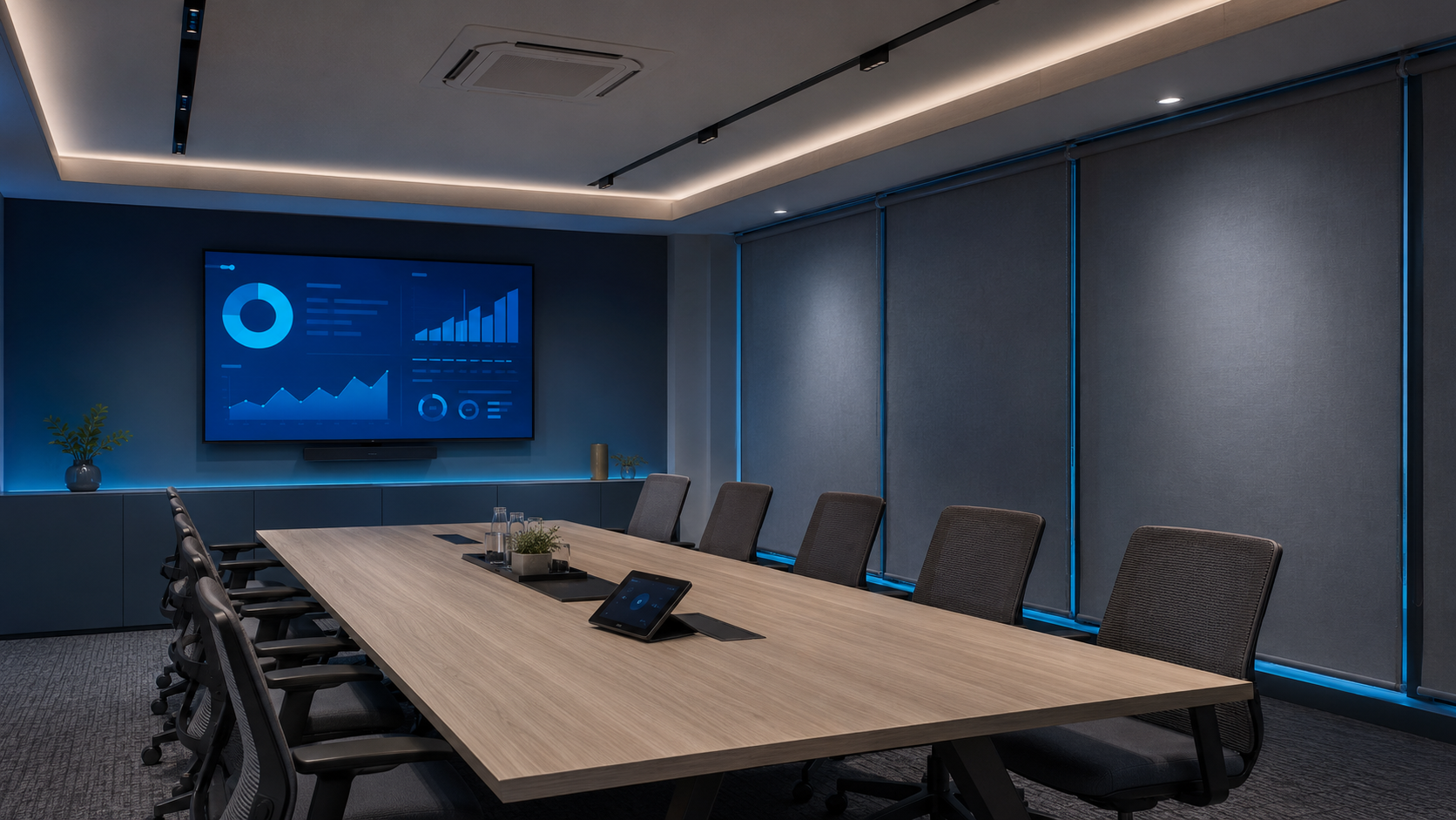 Sala de reunião inteligente com TV ligada, persianas baixadas e iluminação suave